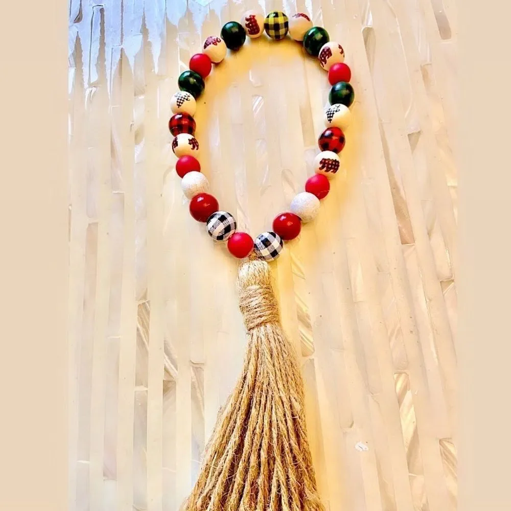 NEW Wood Bead Garland with Plaid Tassels